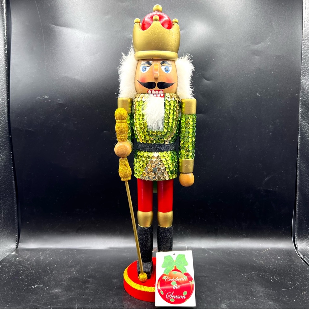 Nutcracker  Multicolored  Wooden  Green Sequins  holding Staff  15 in Tall